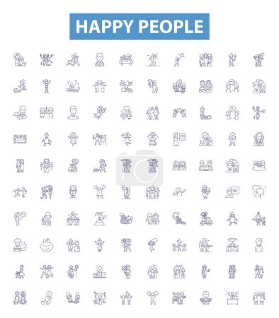 Illustration for Happy people line icons, signs set. Collection of Cheerful, Joyful, Grinning, Content, Gleeful, Carefree, Mirthful, Blissful, Jocular outline vector illustrations. - Royalty Free Image