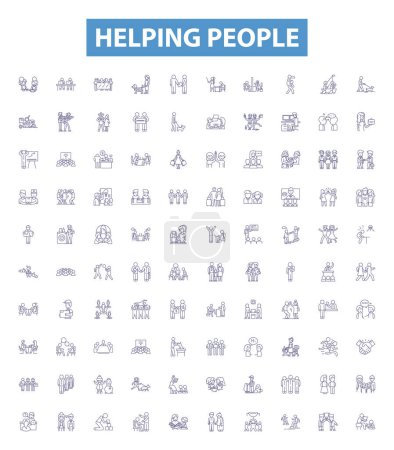 Illustration for Helping people line icons, signs set. Collection of Aid, Assist, Support, Facilitate, Empower, Nurture, Alleviate, Relieve, Encourage outline vector illustrations. - Royalty Free Image