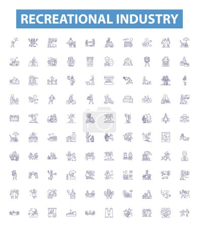Illustration for Recreational industry line icons, signs set. Collection of Hiking, Boating, Skiing, Fishing, Camping, Swimming, Surfing, Kayaking, Paintball outline vector illustrations. - Royalty Free Image