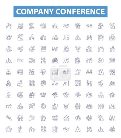 Illustration for Company conference line icons, signs set. Collection of Convention, Event, Forum, Meeting, Gathering, Seminar, Summit, Symposium, Colloquium outline vector illustrations. - Royalty Free Image