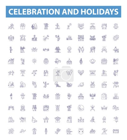 Illustration for Celebration and holidays line icons, signs set. Collection of Festivals, Celebrations, Holidays, Party, Merriment, Joy, Happiness, Gatherings, Memory outline vector illustrations. - Royalty Free Image