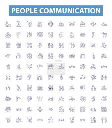 Illustration for People communication line icons, signs set. Collection of Dialog, Chatting, Conversing, Networking, Corresponding, Phoning, Interacting, Messaging, Connecting outline vector illustrations. - Royalty Free Image