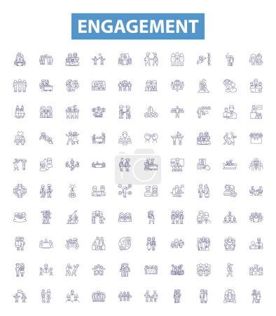 Illustration for Engagement line icons, signs set. Collection of Involvement, Commitment, Attachment, Connection, Interest, Embrace, Alliance, Binding, Occupation outline vector illustrations. - Royalty Free Image