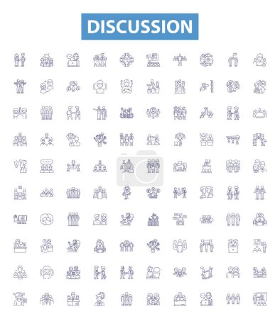 Illustration for Discussion line icons, signs set. Collection of Debate, Dialogue, Disagreement, Talk, Communication, Arguing, Analysis, Exchange, Analysis outline vector illustrations. - Royalty Free Image