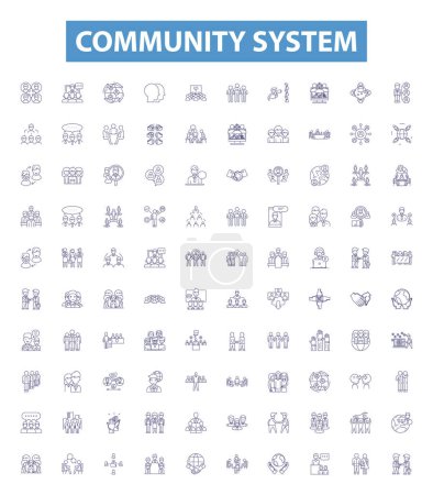 Illustration for Community system line icons, signs set. Collection of Social, Network, Relationships, Platform, Connections, Interaction, Support, Participation, Community outline vector illustrations. - Royalty Free Image