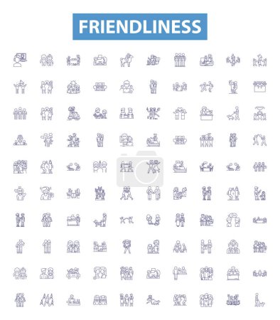 Illustration for Friendliness line icons, signs set. Collection of Affability, Amiability, Approachability, Benevolence, Camaraderie, Comradeship, Cordiality, Courtesy, Generosity outline vector illustrations. - Royalty Free Image