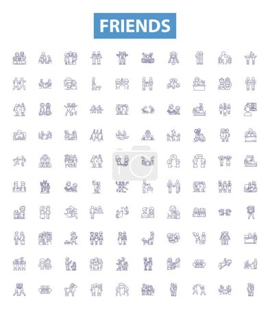 Illustration for Friends line icons, signs set. Collection of companions, pals, peers, associates, companionship, buddies, confidants, comrades, partners outline vector illustrations. - Royalty Free Image