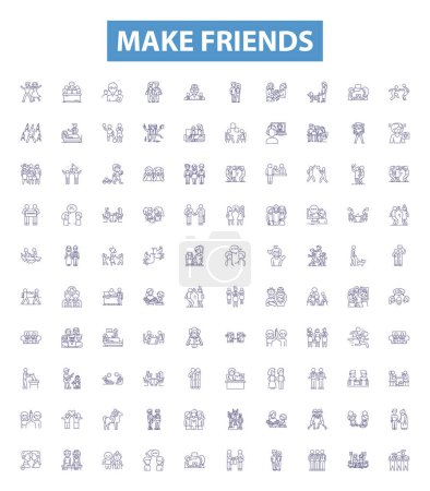 Illustration for Make friends line icons, signs set. Collection of Connect, Mingle, Socialize, Acquaint, Network, Associate, Join, Unite, Interact outline vector illustrations. - Royalty Free Image