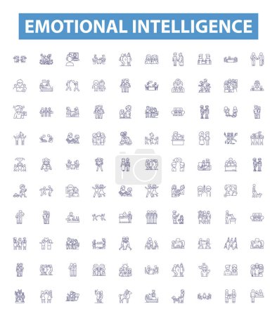 Illustration for Emotional intelligence line icons, signs set. Collection of Affective, Sensitivity, Compassion, Judgement, Self Actualization, Self Awareness, Mentoring, Social Skills, Resilience outline vector - Royalty Free Image