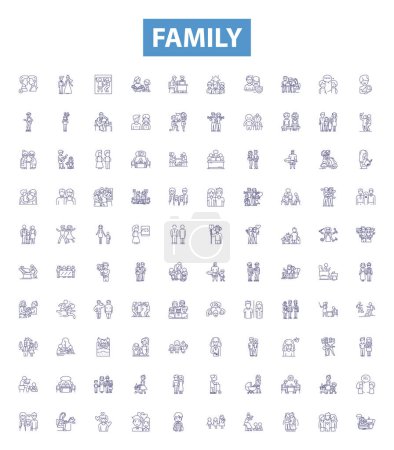Illustration for Family line icons, signs set. Collection of Kin, Relatives, Clan, Lineage, Descendants, Brood, Tribe, Kinfolk, Offspring outline vector illustrations. - Royalty Free Image