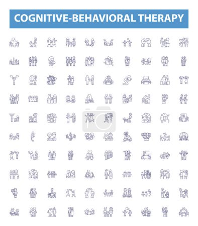 Illustration for Cognitive-behavioral therapy line icons, signs set. Collection of Cognitive Behavioral, Therapy, CBT, Thinking, Thoughts, Feelings, Behaviors, Cognitive, Change outline vector illustrations. - Royalty Free Image