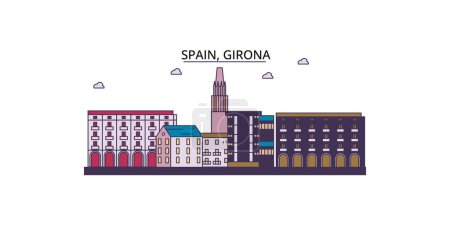 Téléchargez les illustrations : Espagne, monuments touristiques de Gérone, illustration de tourisme urbain vectoriel - en licence libre de droit