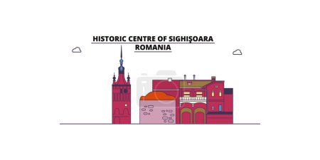Téléchargez les illustrations : Roumanie, Sighisoara points de repère Voyage, vecteur ville tourisme illustration - en licence libre de droit
