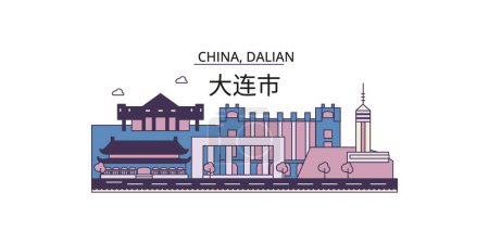 Illustration for China, Dalian travel landmarks, vector city tourism illustration - Royalty Free Image