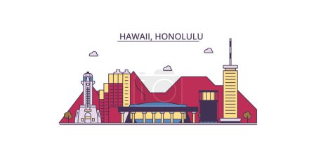 Téléchargez les illustrations : États-Unis, Honolulu voyages repères, vecteur ville tourisme illustration - en licence libre de droit