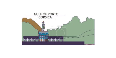Illustration for France, Corsica, Gulf Of Porto travel landmarks, vector city tourism illustration - Royalty Free Image