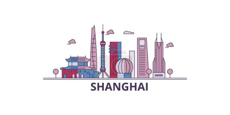 Téléchargez les illustrations : Chine, Shanghai City points de repère Voyage, vecteur ville tourisme illustration - en licence libre de droit