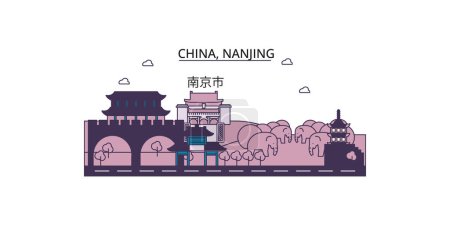 Téléchargez les illustrations : Chine, Nankin points de repère Voyage, vecteur ville tourisme illustration - en licence libre de droit