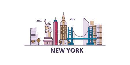 Téléchargez les illustrations : États-Unis, New York points de repère de voyage, vecteur ville tourisme illustration - en licence libre de droit