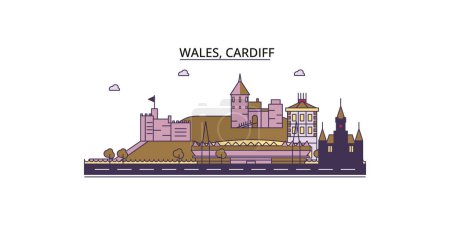Ilustración de Reino Unido, Lugares de interés turístico de Cardiff, vector ciudad turismo ilustración - Imagen libre de derechos
