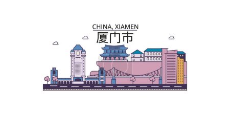 Téléchargez les illustrations : Chine, Xiamen points de repère Voyage, vecteur ville tourisme illustration - en licence libre de droit