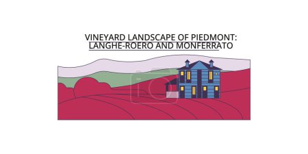 Illustration for Italy, Piedmont, Langhe Roero And Monferrato travel landmarks, vector city tourism illustration - Royalty Free Image
