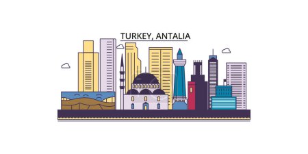 Téléchargez les illustrations : Turquie, Antalia points de repère de voyage, vecteur ville tourisme illustration - en licence libre de droit