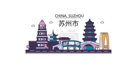 Téléchargez les illustrations : Chine, Suzhou points de repère Voyage, vecteur ville tourisme illustration - en licence libre de droit
