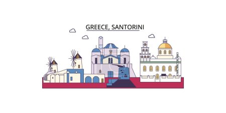 Téléchargez les illustrations : Grèce, Santorin points de repère de voyage, vecteur ville tourisme illustration - en licence libre de droit