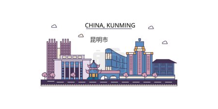Illustration for China, Kunming travel landmarks, vector city tourism illustration - Royalty Free Image