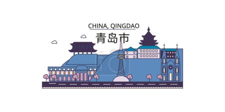 Illustration for China, Qingdao travel landmarks, vector city tourism illustration - Royalty Free Image