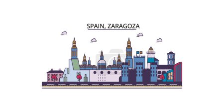 Téléchargez les illustrations : Espagne, Saragosse voyages monuments, vecteur ville tourisme illustration - en licence libre de droit