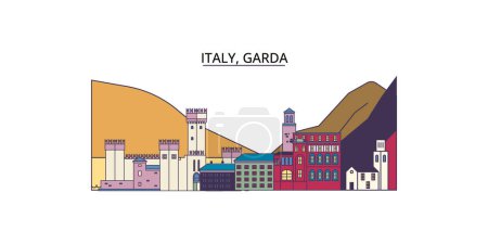 Téléchargez les illustrations : Italie, points de repère de voyage Garda, illustration de tourisme urbain vectoriel - en licence libre de droit