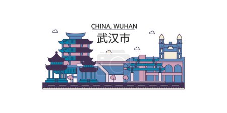 Illustration for China, Wuhan travel landmarks, vector city tourism illustration - Royalty Free Image