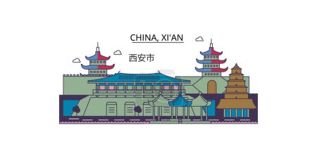Téléchargez les illustrations : Chine, Xian points de repère Voyage, vecteur ville tourisme illustration - en licence libre de droit
