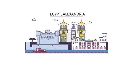 Téléchargez les illustrations : Egypte, Alexandrie points de repère de voyage, vecteur ville tourisme illustration - en licence libre de droit