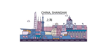 Téléchargez les illustrations : Chine, Shanghai points de repère Voyage, vecteur ville tourisme illustration - en licence libre de droit