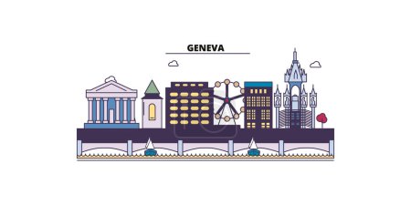 Téléchargez les illustrations : Suisse, Genève points de repère touristiques, vecteur tourisme urbain illustration - en licence libre de droit
