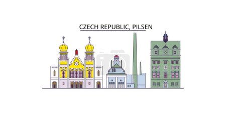 Illustration for Czech Republic, Pilsen travel landmarks, vector city tourism illustration - Royalty Free Image