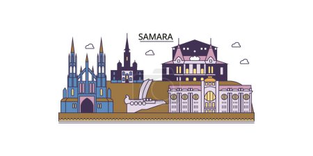Téléchargez les illustrations : Russie, Samara points de repère de voyage, vecteur ville tourisme illustration - en licence libre de droit