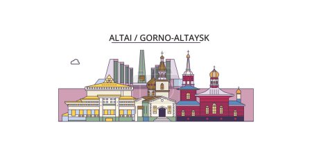 Téléchargez les illustrations : Russie, Gorno Altaysk points de repère Voyage, vecteur ville tourisme illustration - en licence libre de droit
