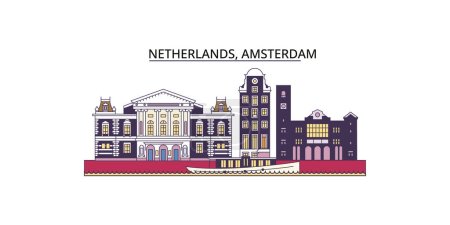 Téléchargez les illustrations : Pays-Bas, Amsterdam voyages, vecteur tourisme urbain illustration - en licence libre de droit