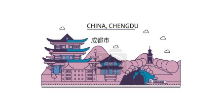 Illustration for China, Chengdu travel landmarks, vector city tourism illustration - Royalty Free Image