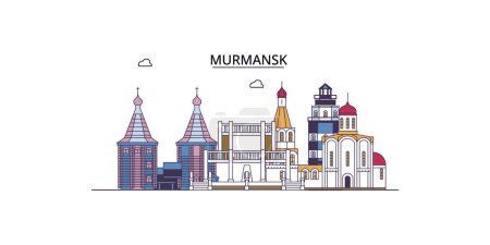 Illustration for Russia, Murmansk travel landmarks, vector city tourism illustration - Royalty Free Image