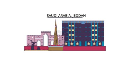 Téléchargez les illustrations : Arabie Saoudite, Jeddah voyages, vecteur ville tourisme illustration - en licence libre de droit