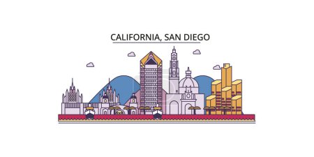 United States, San Diego travel landmarks, vector city tourism illustration