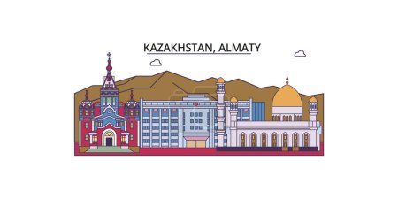 Téléchargez les illustrations : Kazakhstan, sites touristiques d'Almaty, vecteur du tourisme urbain illustration - en licence libre de droit