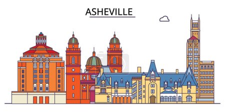 Téléchargez les illustrations : États-Unis, points de repère de voyage d'Asheville, illustration de tourisme urbain vectoriel - en licence libre de droit