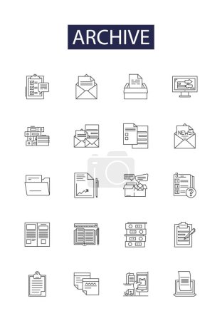 Línea de archivo vectorial iconos y signos. Libro de recortes, Índice, Preservar, Recoger, Álbum, Depósito, Caché, Conjunto de ilustración de esquema de vector de archivo
