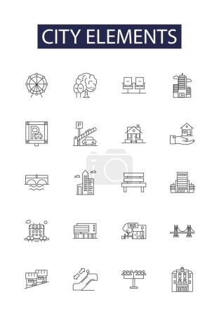 Illustration for City elements line vector icons and signs. Infrastructure, Buildings, Roads, Architecture, Landscaping, Services, Resources, Safety vector outline illustration set - Royalty Free Image